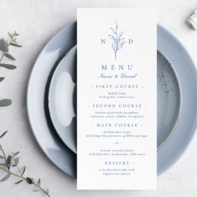 Menu Casamento simples e elegante de monograma botânico (Blue simple elegant botanical monogram wedding menu)