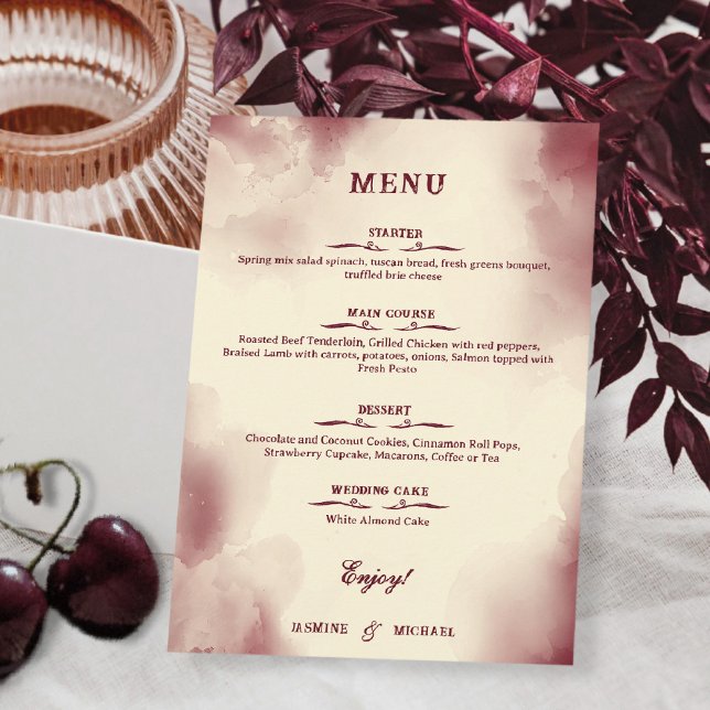 Menu Casamento Simples e Elegante em Marfim e Borgonha  (Criador carregado)