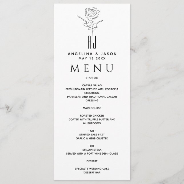 Menu Casamento Simples e Elegante em Preto e Branco (Frente)