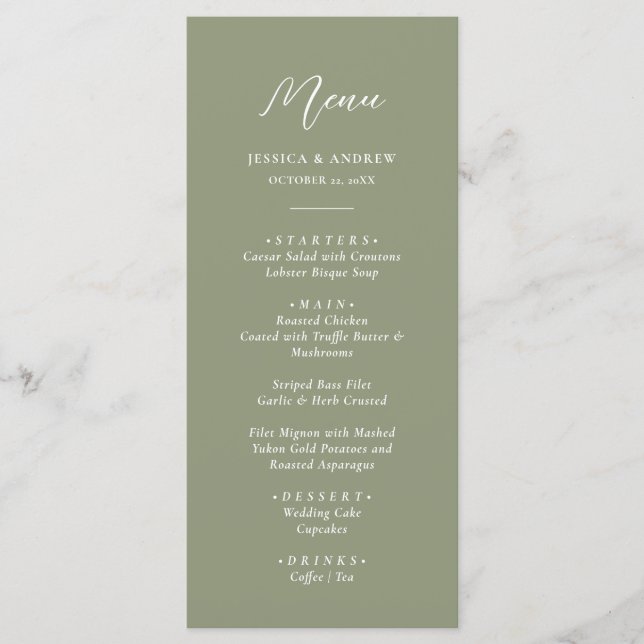 Menu Casamento Simples e Verde Sage Minimalista (Frente)