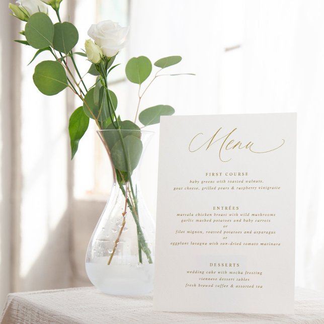 Menu Casamento Simples Elegante Caligrafia Dourada (Criador carregado)