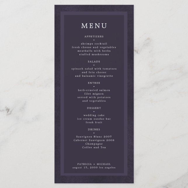 Menu Casamento simples, elegante e roxo escuro (Frente)