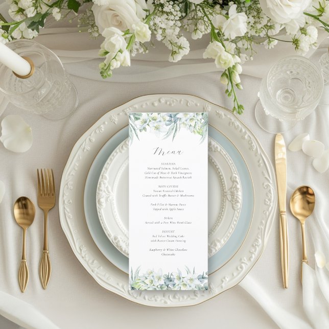 Menu Casamento Simples Elegante Eucalyptus Greenery (This elegant menu features white flowers and greenery for a luxurious, fine art wedding look)