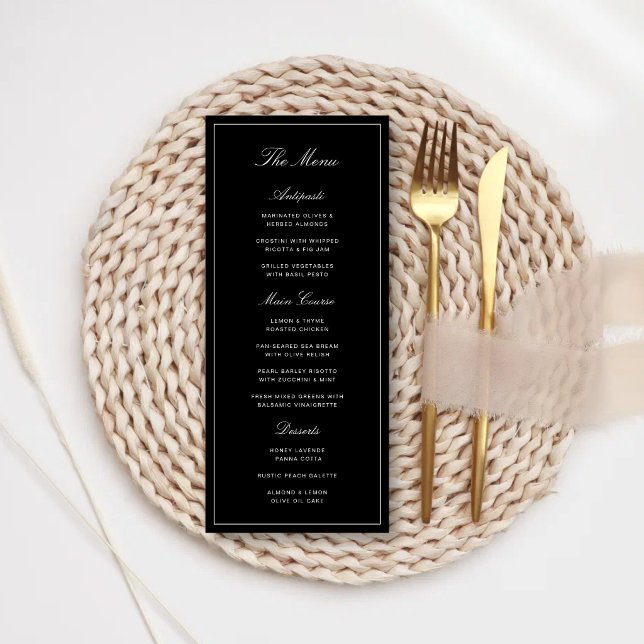 Menu Casamento Simples Elegante Formal Preto e Branco (Simple black and white wedding menu presents your meal with elegant, timeless style.)