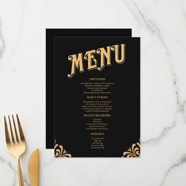 Menu Casamento Simples Elegante Negro e Dourado (Frente/Verso In Situ)