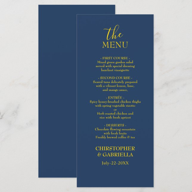 Menu Casamento Simples Formal Azul Marinho e Dourado (Frente/Verso)