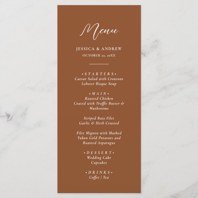 Menu Casamento Simples Minimalista Terra Cotta & White (Frente)