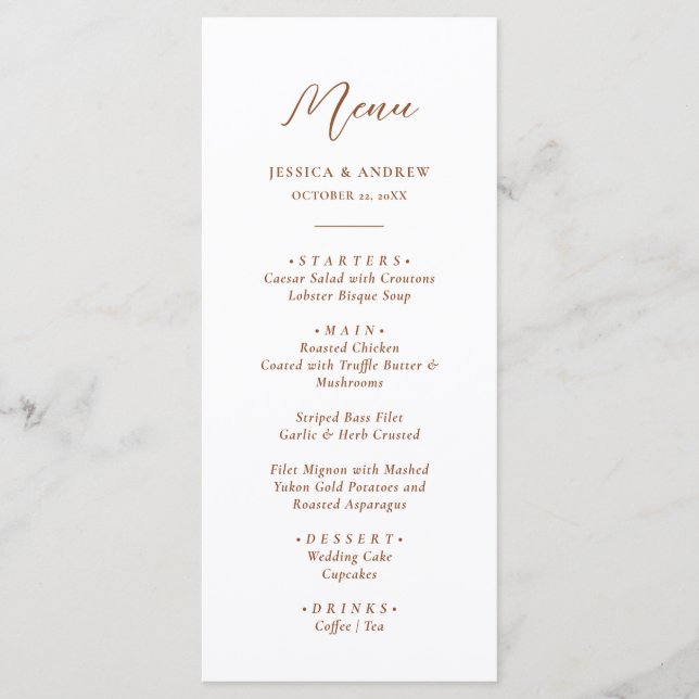 Menu Casamento Simples Minimalista Terra Cotta & White (Frente)