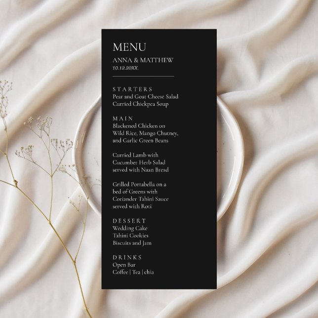 Menu Casamento Simples Mínimo Negro e Branco (sleek all black and white simple modern wedding menu)