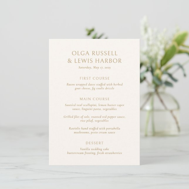 Menu Casamento Simples Moderno de Marfim e Ouro (Em pé/Frente)
