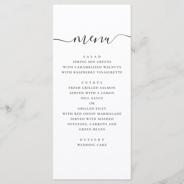 Menu Casamento simples moderno. Letra cursiva preta e b (Frente)