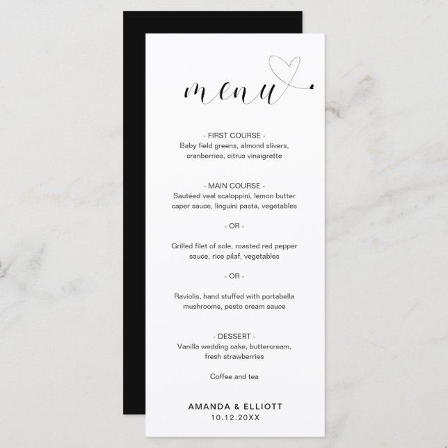 Menu Casamento Simples, Preto e Branco de Coração Bonit (Frente/Verso)