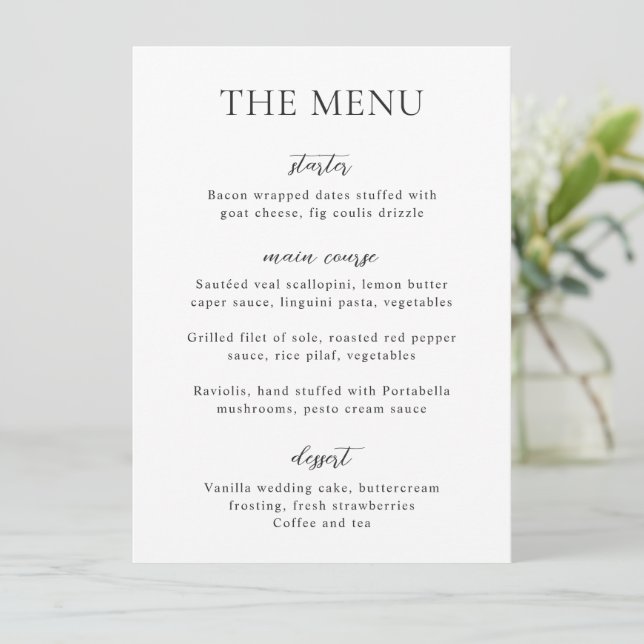 Menu Casamento Simples Preto e Branco Moderno (Em pé/Frente)