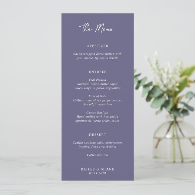 Menu Casamento Simples Roxo Moderno e Empolado (Em pé/Frente)