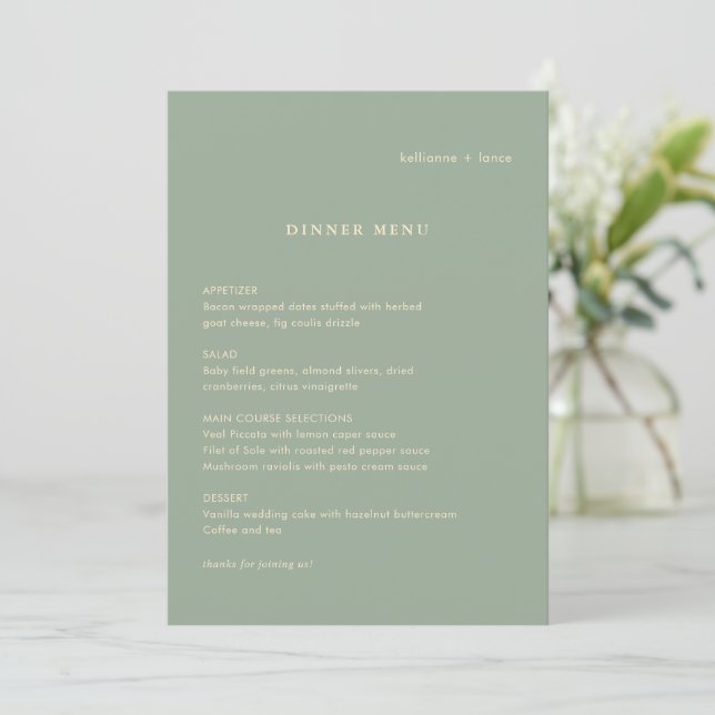 Menu Casamento Simples Verde Salvia Moderno (Em pé/Frente)