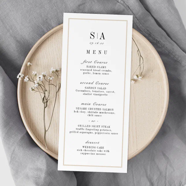 Menu Casamento sofisticado de monograma minimalista