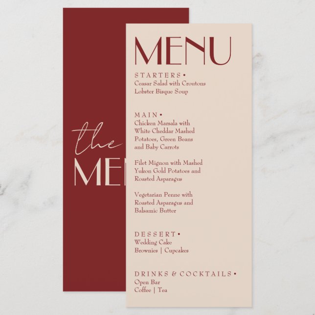 Menu Casamento sofisticado retrô burgundy creme dinheir (Frente/Verso)