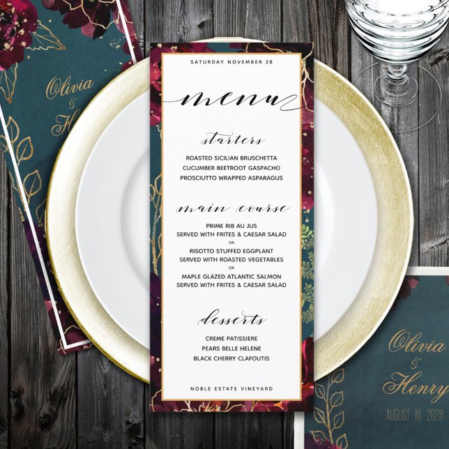 Menu Casamento Teal Bordeaux Jewel Tones (Teal Bordeaux Jewel Tones Wedding Menu)