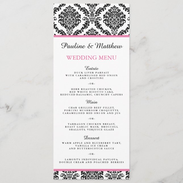 Menu Casamento tema damasco Branco e Preto-Chic (Frente)