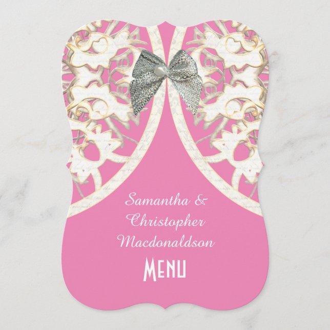 Menu casamento tema damasco de filigrana de rendas (Frente)