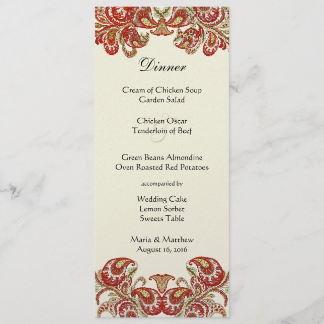 Menu Casamento tema damasco de Paisley vermelho, Limão  (Frente)