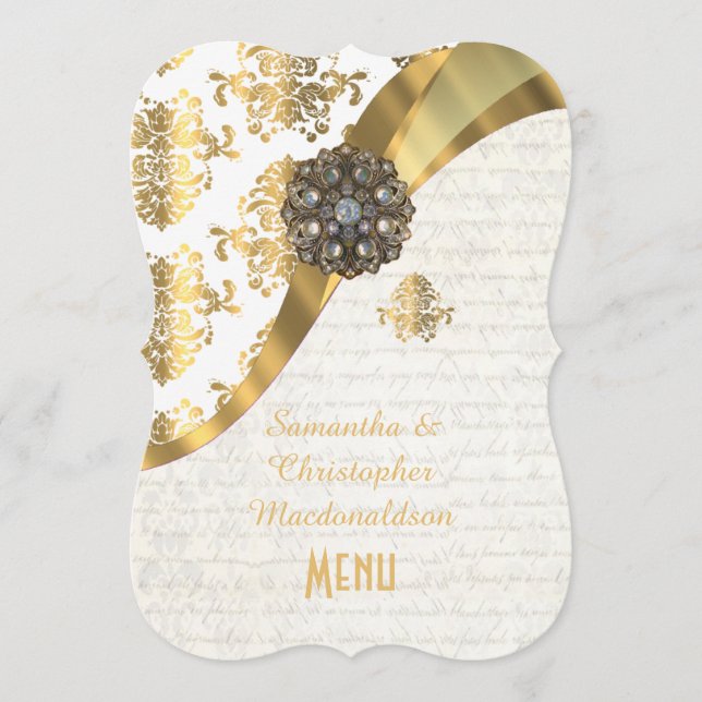 menu casamento tema damasco de pergaminho branco e (Frente)