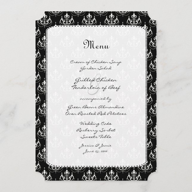 Menu Casamento tema damasco do Chandelier Preto (Verso)