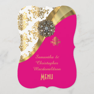 menu casamento tema damasco Dourado, rosa e branco