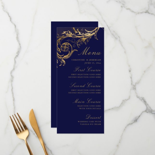 Menu Casamento tema damasco Floral Dourado Azul do (Frente/Verso In Situ)