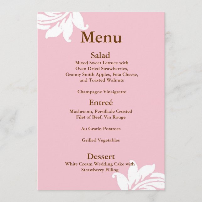 Menu Casamento tema damasco Rosa (Frente)