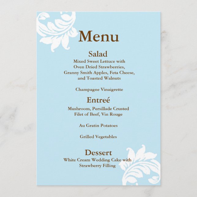 Menu Casamento tema damasco Tiffany (Frente)