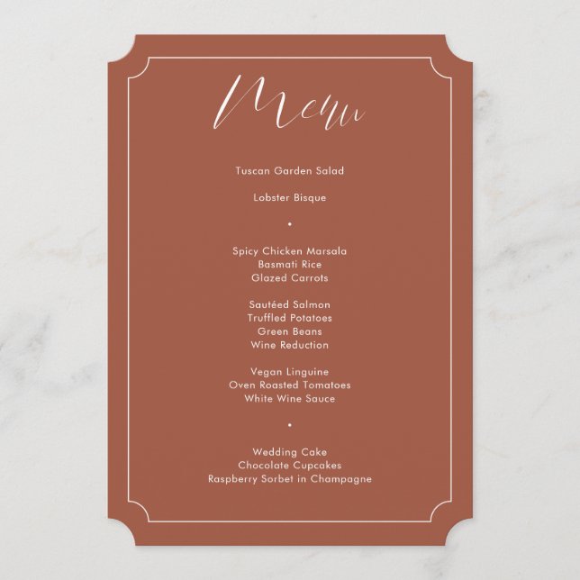 Menu Casamento Terracotta com Script de Caligrafia Mode (Frente)
