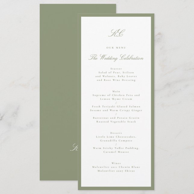 Menu Casamento Tradicional Monograma Verde Sage (Frente/Verso)