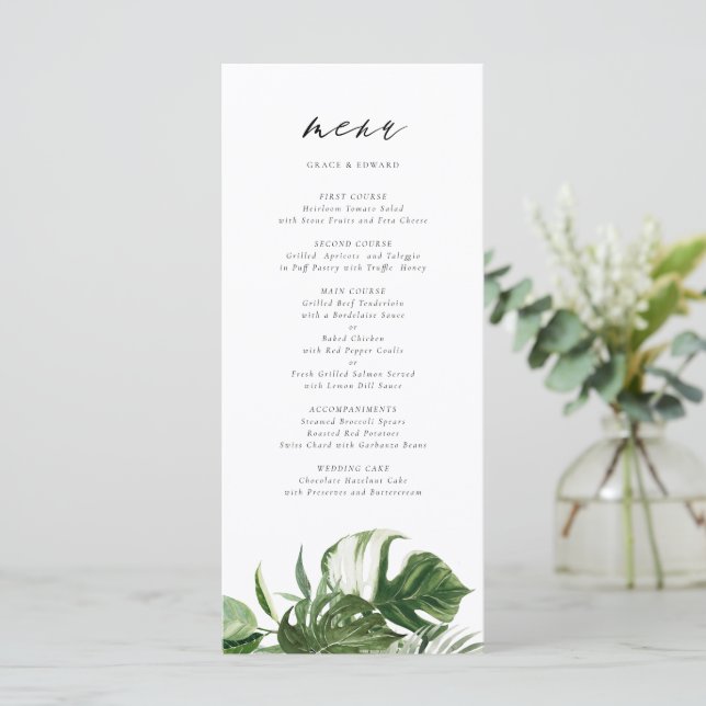 Menu Casamento Tropical Botânico de Monstera em Aquarel (Em pé/Frente)