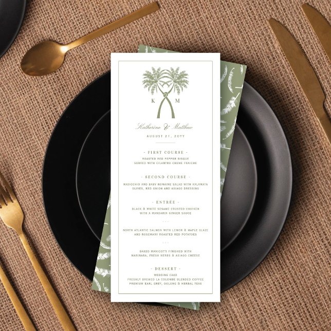Menu Casamento Tropical Clássico Moderno das Palmeiras (Knotted Palm Trees Monogram Tropical Destination Wedding Menu Card @ fatfatin_blue_knot)