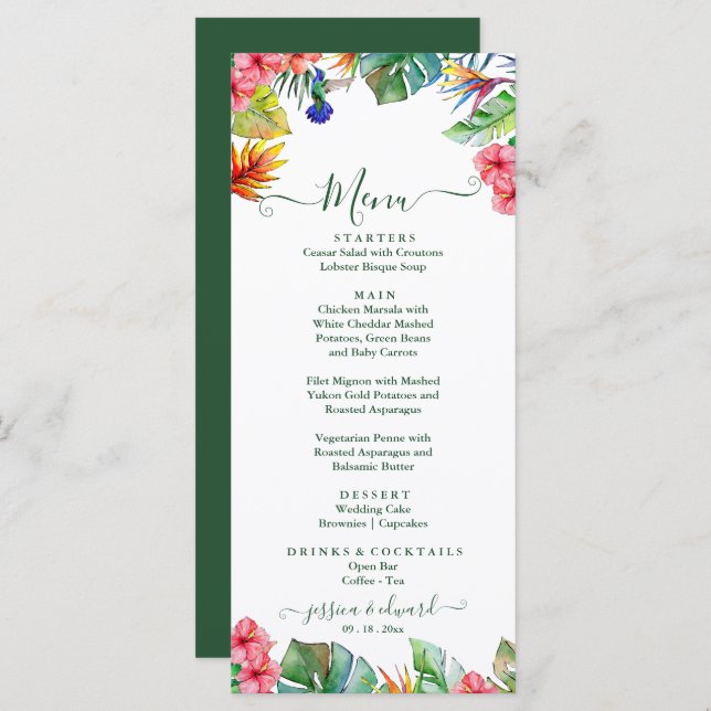 Menu Casamento Tropical de Hibiscus Hawaiian (Frente/Verso)
