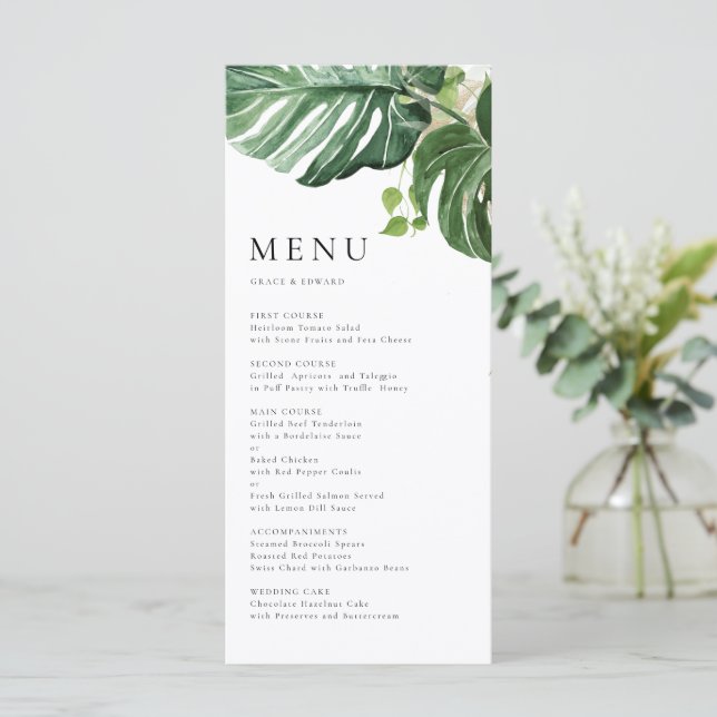 Menu Casamento Tropical de Monstera em Aquarela (Em pé/Frente)