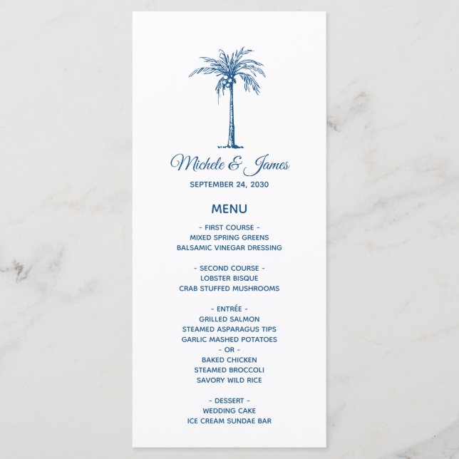 Menu Casamento Tropical de Praia Elegante Blue Palm Tre (Frente)
