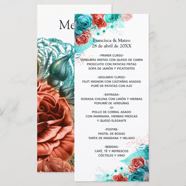 Menu Casamento Tropical de Turquesa e Coral Floral (Frente/Verso)