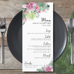 Menu Casamento Tropical de Watercolor Floral<br><div class="desc">Menu de Casamento Tropical Palm de Destino Elegante. Use este menu para uma recepção de casamento, festa de noivado, janto de ensaio ou mesmo qualquer outra ocasião especial. Com sotaques botânicos cor-de-rosa e verde contrastados por letras pretas e brancas. Um design tropical que abraça a beleza tranquila da natureza misturada...</div>