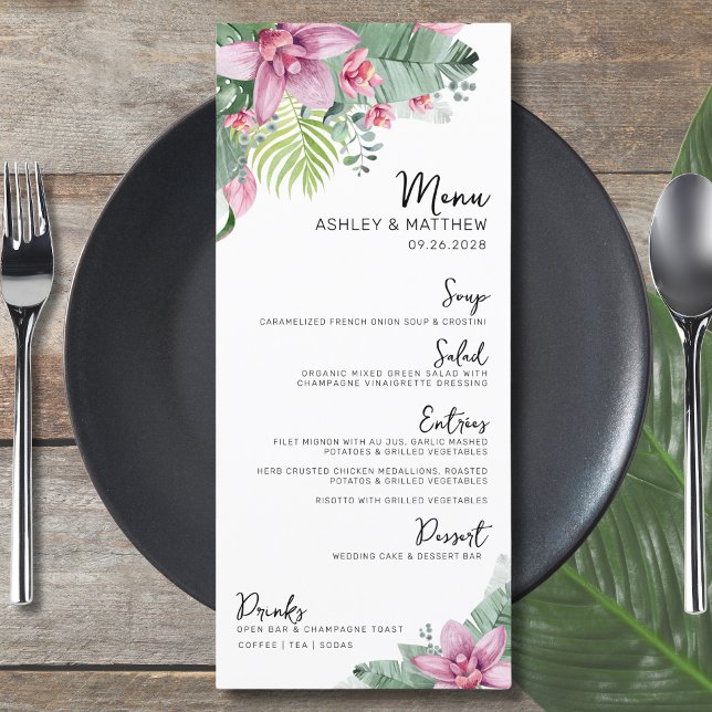 Menu Casamento Tropical de Watercolor Floral (Elegant Destination Floral Palm Tropical Wedding Menu)