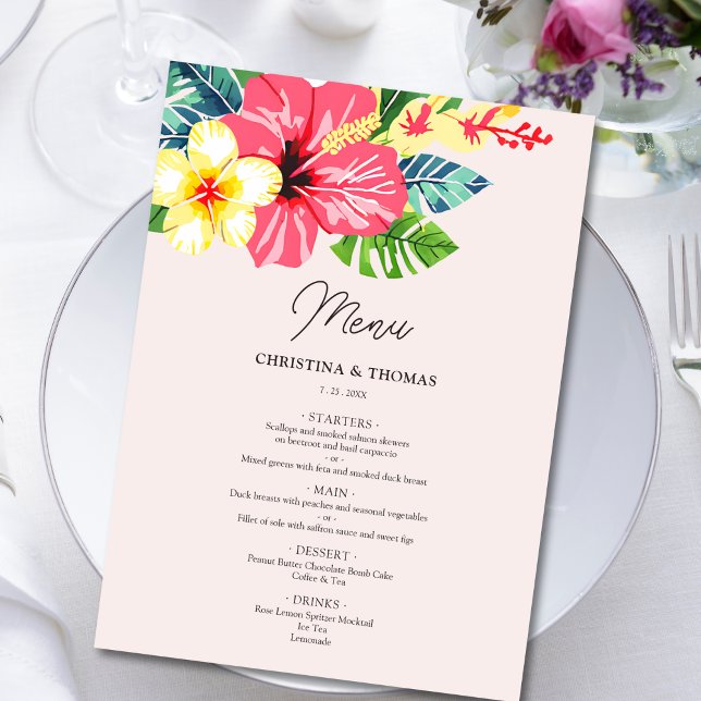 Menu Casamento Tropical de Watercolor Floral Hibiscus (Criador carregado)