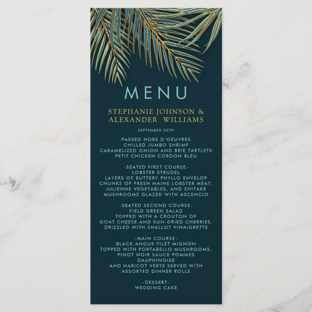 Menu Casamento Tropical Dourado de Palma de Praia Moder (Frente)