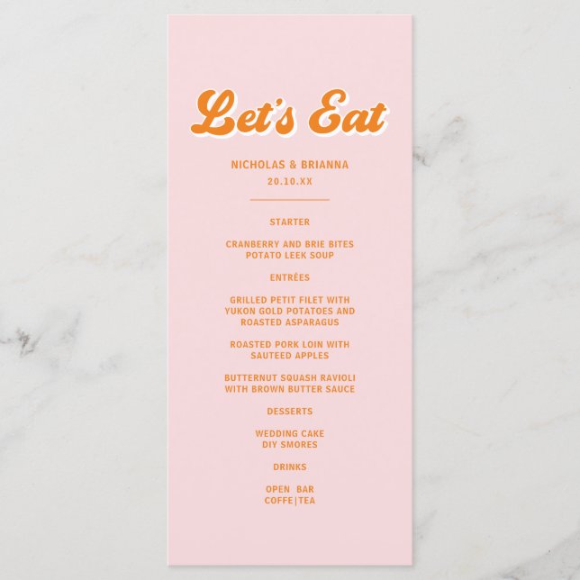 Menu Casamento Tropical Rosa e Laranja ao Pôr do Sol de (Frente)