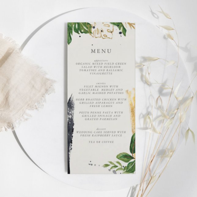 Menu Casamento Tropical Verde e Dourado de Aquarela (Green & Gold Watercolor Tropical Wedding Menu)