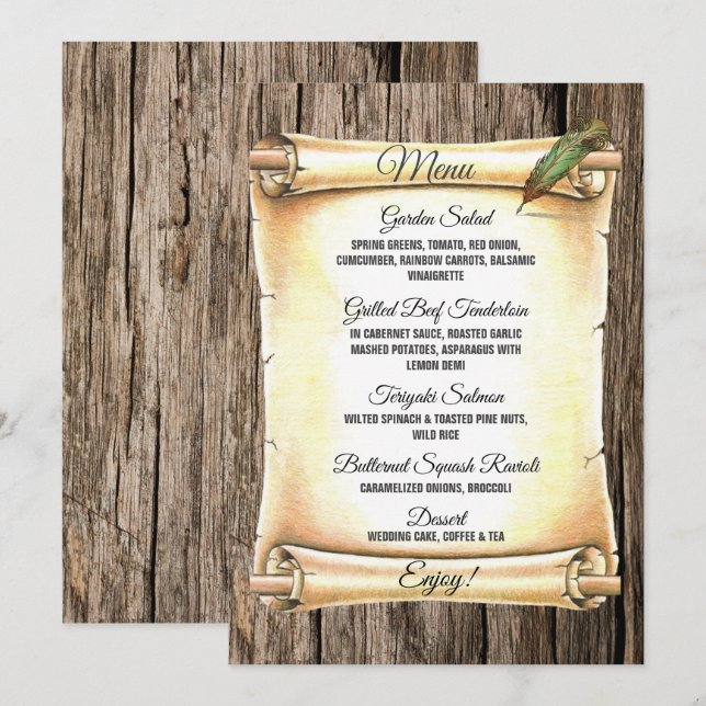 Menu Casamento Único de madeira de Caneta de Rolagem e  (Frente/Verso)