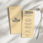 Menu Casamento Único Moderno Bold Retro Escrito Manuscr<br><div class="desc">Um menu colorido de janto de casamento amarelo de pêssego. Que apresenta o design de modelo chic do fundo amarelo boho vintage e a tipografia azul oxford e o menu escrito à mão em azul. E fundo verde brilhante. Perfeito e compatível com toda a suíte.</div>