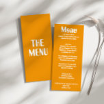 Menu Casamento Único Moderno de Groovy Amarelo Retro<br><div class="desc">Um menu colorido de janto de casamento amarelo brilhante e brilhante. Que apresenta o design modelo chic do fundo amarelo boho vintage e a tipografia azul oxford e o menu escrito à mão em azul. E fundo verde brilhante. Perfeito e compatível com toda a suíte.</div>