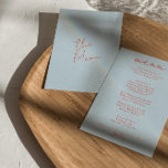 Menu Casamento Único Moderno Funky Brilhante Colorido<br><div class="desc">Um retro fedorento,  moderno e brilhante menu de janto de casamento. Que apresenta modelo de chic de boho vintage céu azul fundo azul e tipografia laranja e menu escrito à mão em vermelho. Perfeito e compatível com toda a suíte.</div>