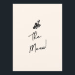 Menu Casamento Único Simples De Esquema Escrito À Mão<br><div class="desc">Um retro cardápio moderno preto e branco de janto. Que apresenta modelo design de chic de fundo leitoso cremoso e tipografia escrita à mão preta. Com garrafas desenhadas à mão,  vidro de champanhe e bolo na frente e grelhas atrás Um Perfeito e combinando com a suíte inteira.</div>